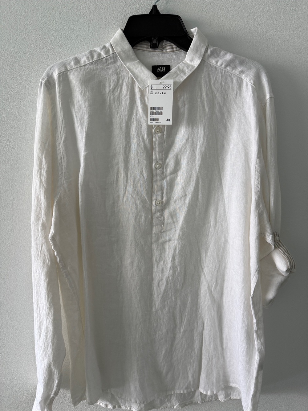 H&M Men's White Band-Collar Button-Up Shirt